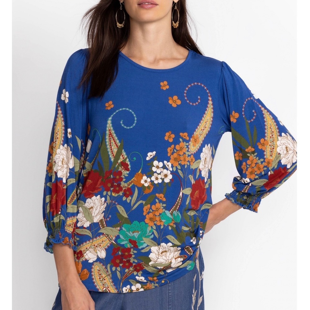 Johnny Was Tee Bee Smocked Sleeve Floral Paisley Blue Tee Boho Large